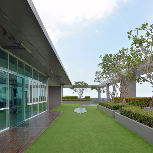 sky garden on rooftop of condominium with blue sky sky garden on rooftop of condominium with blue sky